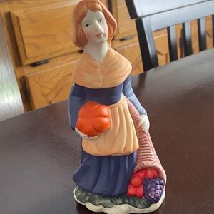 Charming Ceramic Figurine with Basket - Blue and Orange